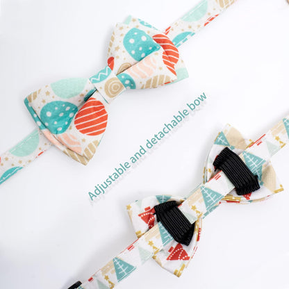 2 Pack Cotton Christmas Cats Collar with Bow Tie Beige Red Green Cat Collars for Girl Female Boy Male Cat Collar with Bell Christmas Trees Charms