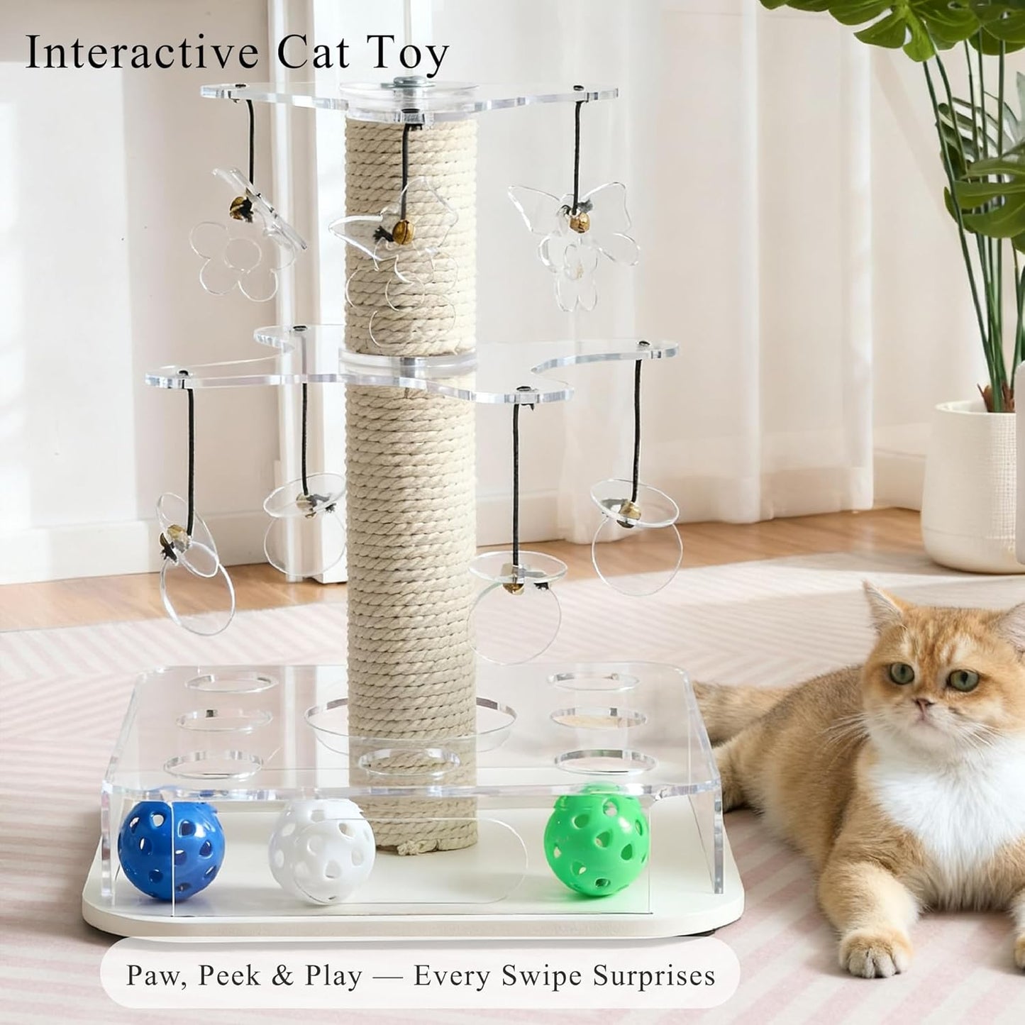 Modern 3-in-1 Interactive Cat Toy with Scratching Post, Cat Puzzle Toys for Indoor Cats with Colorful Jingle Balls, 2-Layer Spinning Teaser Disc with Dangling Toys, Acrylic, White