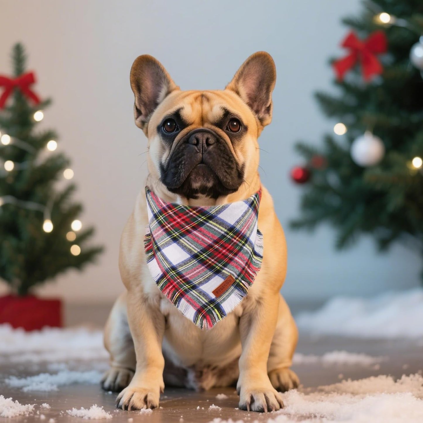PTDECOR Christmas Dog Bandanas with Tassels Edges, Stylish Red White Plaid Scarf Bib, Premium Cotton Fabric, Reversible Triangle Xmas Bandanas for Small Dogs Puppies Cats(Small)