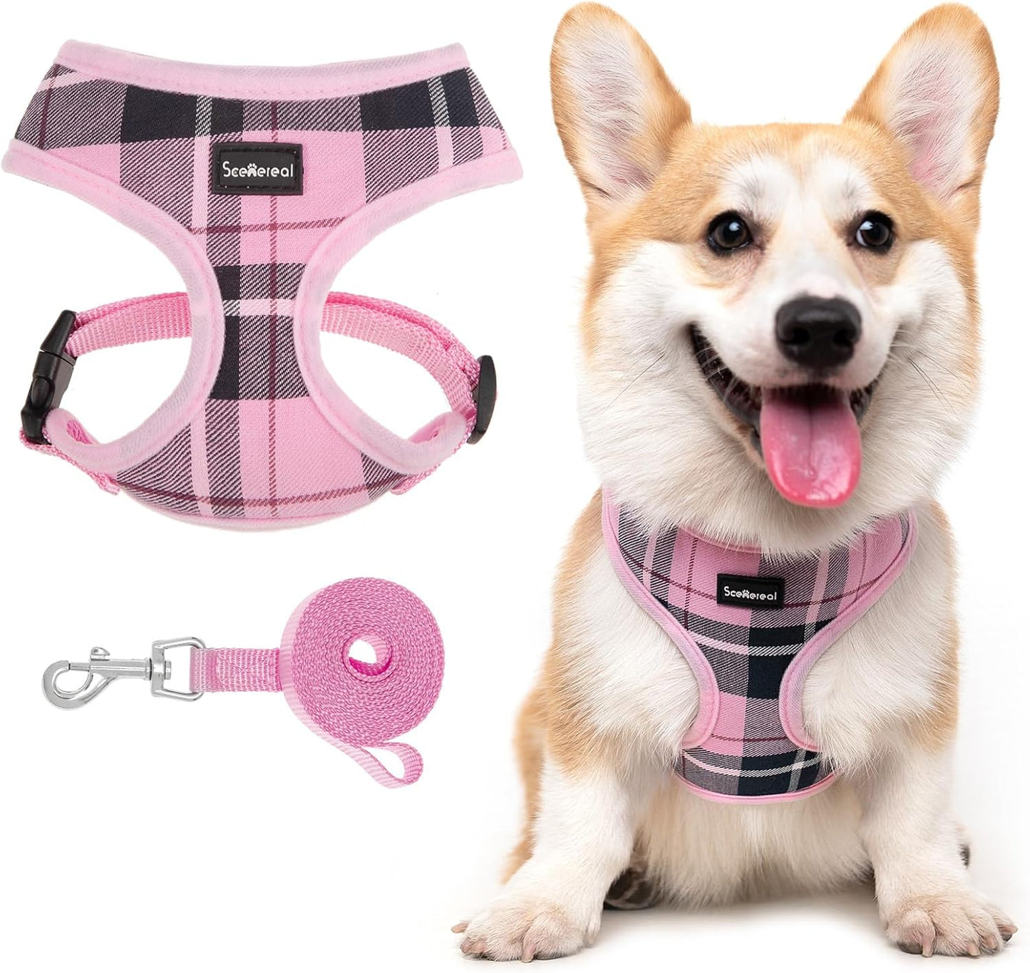 SCENEREAL Puppy Dog Harness with Leash Set for Small Medium Sized Dogs, Soft Mesh Step in Pet Harnesses and Leash, No Chock Plaid Adjustable No Pull Vest for Dogs Cats, Chihuahua,Bulldog (Pink M)