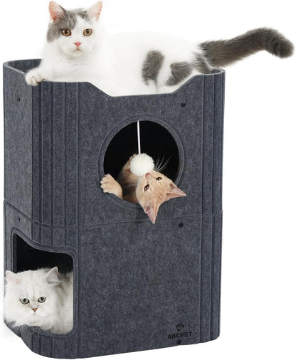 Cat House for Indoor Cats Large Cat Bed Cave 2-Storey Cats Condo with Cozy Felt Covered Hideaway for Multiple Pets Dark Grey
