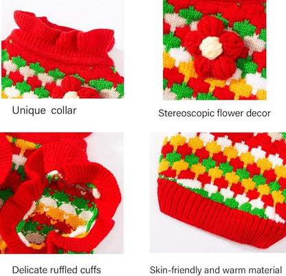 Small Dog Sweater, Knitted Tulip Cat Sweater, Warm Thick Holiday Puppy Clothes for Small Dog Girl,Cold Weather Outfit for Kitten Chihuahua Yorkie Teacup Dachshund Pug (Red, X-Large)