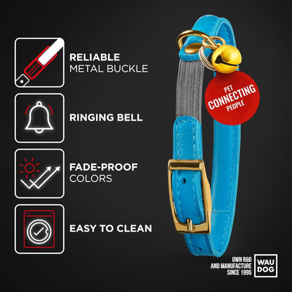 WAUDOG Ultra Soft Rolled Leather Cat Collar with Removable Bell, Safety Elastic Strap and QR ID Tag - Soft Padded for Small, Medium, and Large Cats - Round Kitten Collar for Male and Female Cats