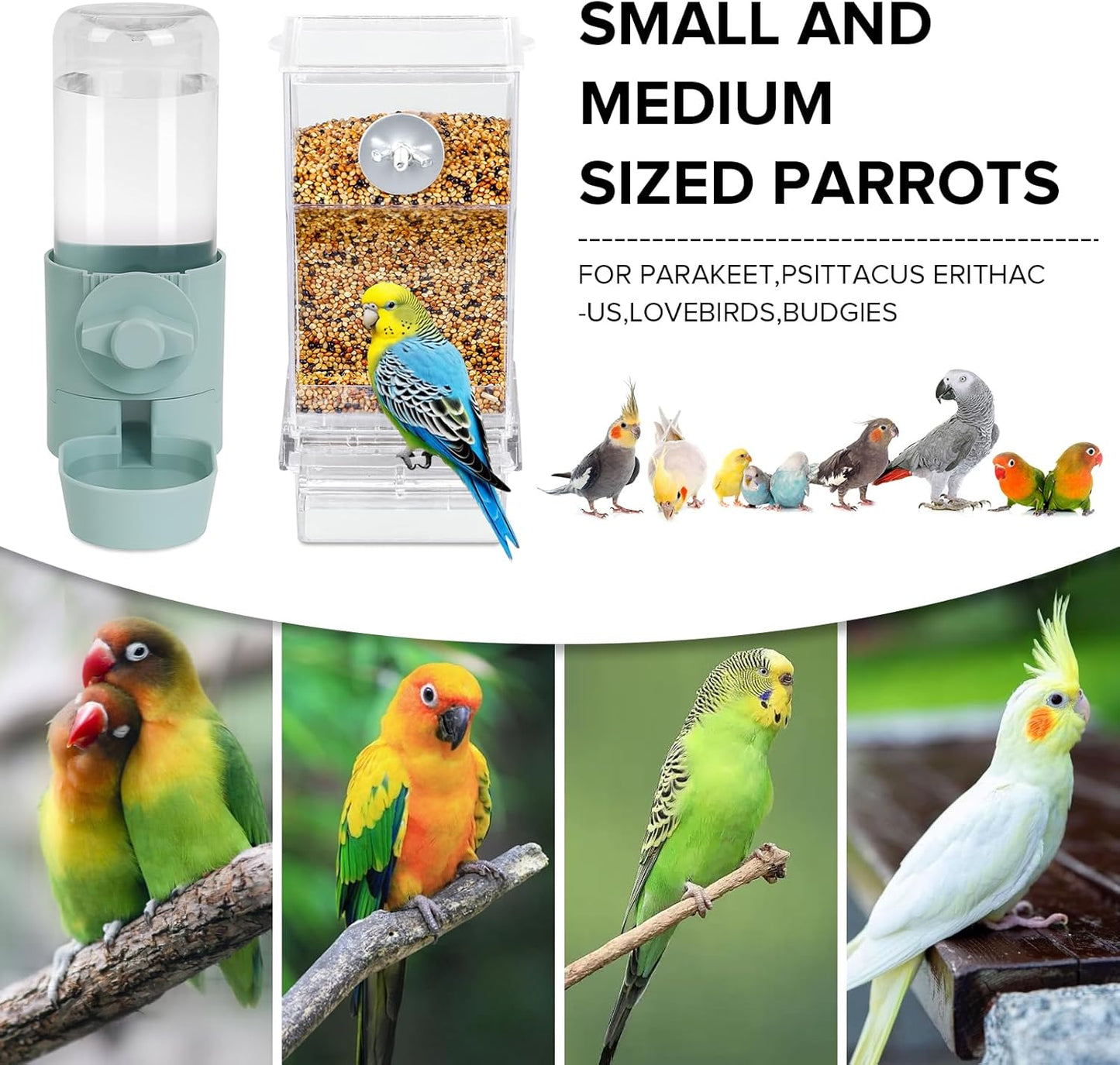 No Mess Bird Feeder Water Dispenser Set, Bird Feeder for Cage, Cage Accessories for Cockatiels, Finches, Budgies and Canaries
