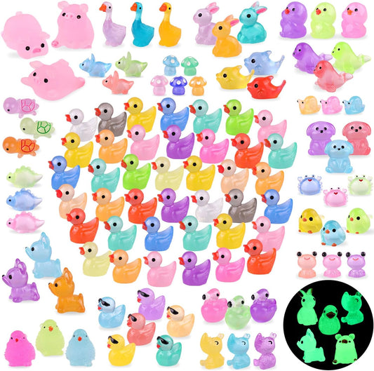 105PCS Mini Resin Animals Tiny Cute Figurines Glow in Dark, Miniature Figures to Hide, Little Animal Toys Small Accessories for Topper Desk Garden Dollhouse Landscape Aquarium Ornaments Crafts & Decor