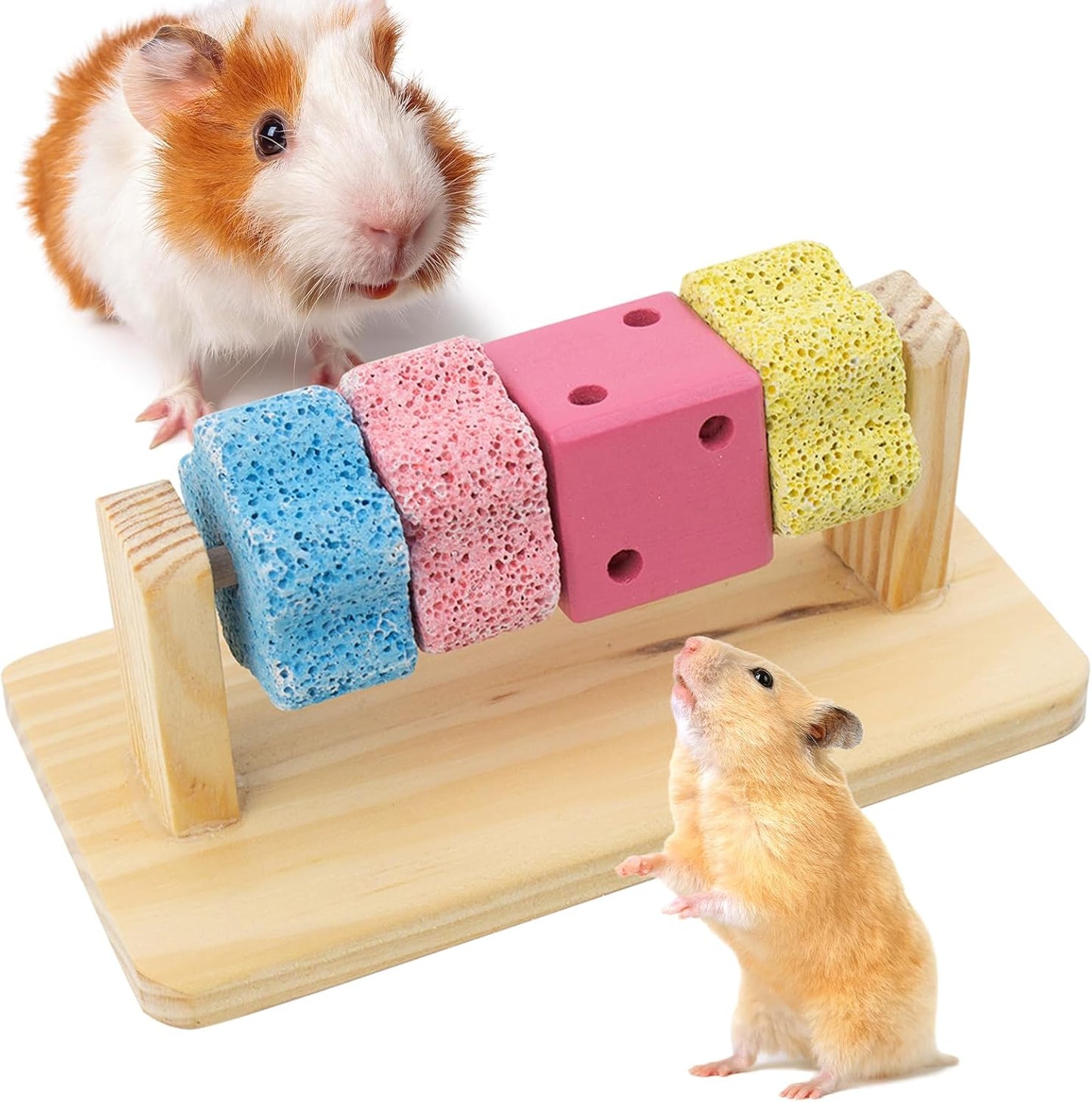 Guinea Pig Chew Toys for Teeth, Natural Hamster Lava Grinding Stone, Adds Calcium to Diet, Rotating Rat Enrichment Toys Wood Stand for Syrian & Dwarf Hamsters, Rats, Guinea Pig, Chinchillas