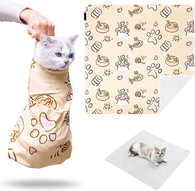27.5" Large Cat Wrap for Nail Trimming，Self-adherent Cat Grooming Wrap for Cat & Small Dog, Anti-Scratch Cat Swaddle Burrito Wrap for Medicine,Nail Clipping,Ear Cleaning,Teeth Brushing - Cute Pattern