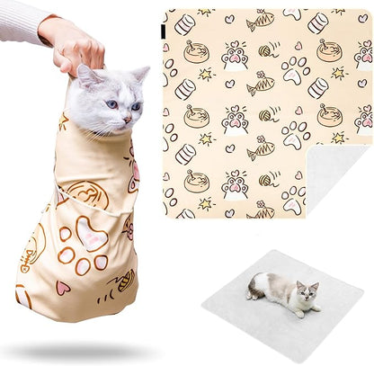 27.5" Large Cat Wrap for Nail Trimming，Self-adherent Cat Grooming Wrap for Cat & Small Dog, Anti-Scratch Cat Swaddle Burrito Wrap for Medicine,Nail Clipping,Ear Cleaning,Teeth Brushing - Cute Pattern