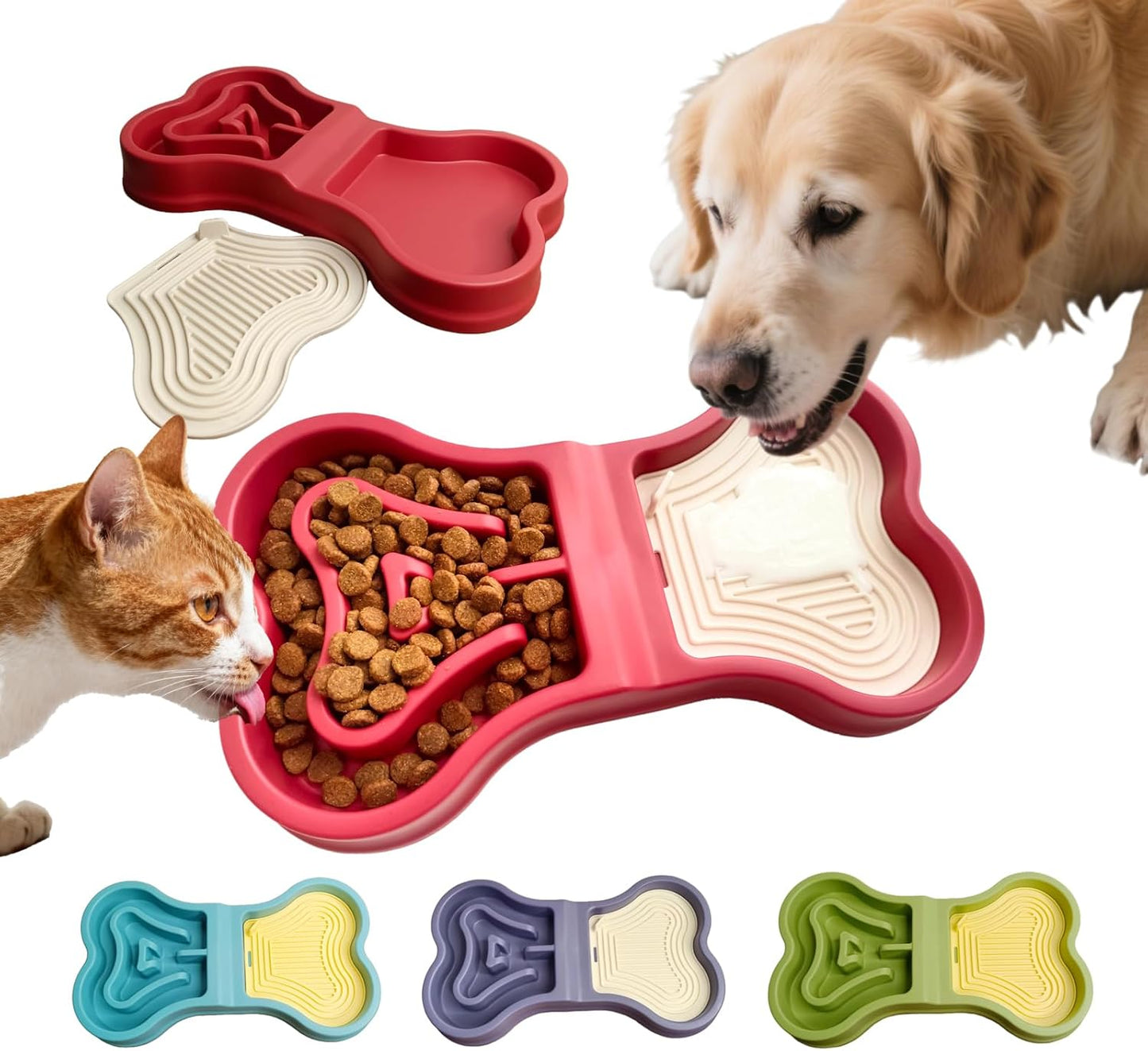Bone Slow Feeder Bowl for Dogs Cats - 2-in-1 Lick Mat & Water Dish with 6 Non-Slip Pads, Food-Grade PP & Silicone Pet Bowl for Anti-Choking，Fun Feeding，Anxiety Relief (Red)