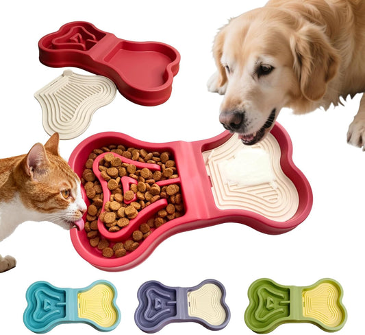 Bone Slow Feeder Bowl for Dogs Cats - 2-in-1 Lick Mat & Water Dish with 6 Non-Slip Pads, Food-Grade PP & Silicone Pet Bowl for Anti-Choking，Fun Feeding，Anxiety Relief (Red)