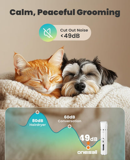 oneisall 4 in 1 Dog Grooming Kit with LCD Display, Dog Hair Trimmer for Paw Nail Grinder, Rechargeable Cordless Low Noise IPX7 Waterproof Pet Clippers (White)