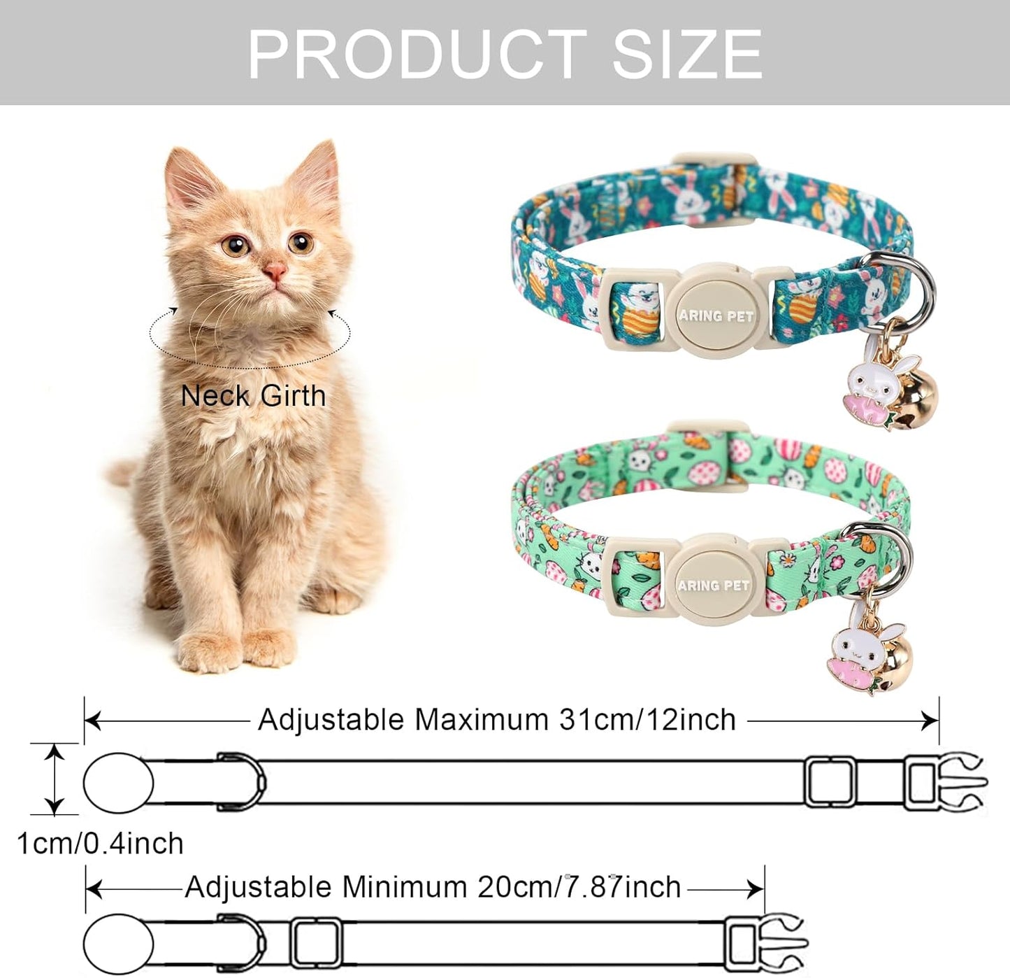 ARING PET 2 Pack Easter Cat Collars-Cute Bunny Cat Collar Breakaway with Bell&Pendant, Adjustable Green Rabbit Kitten Collars with Safety Buckle for Girl&Boy Cats