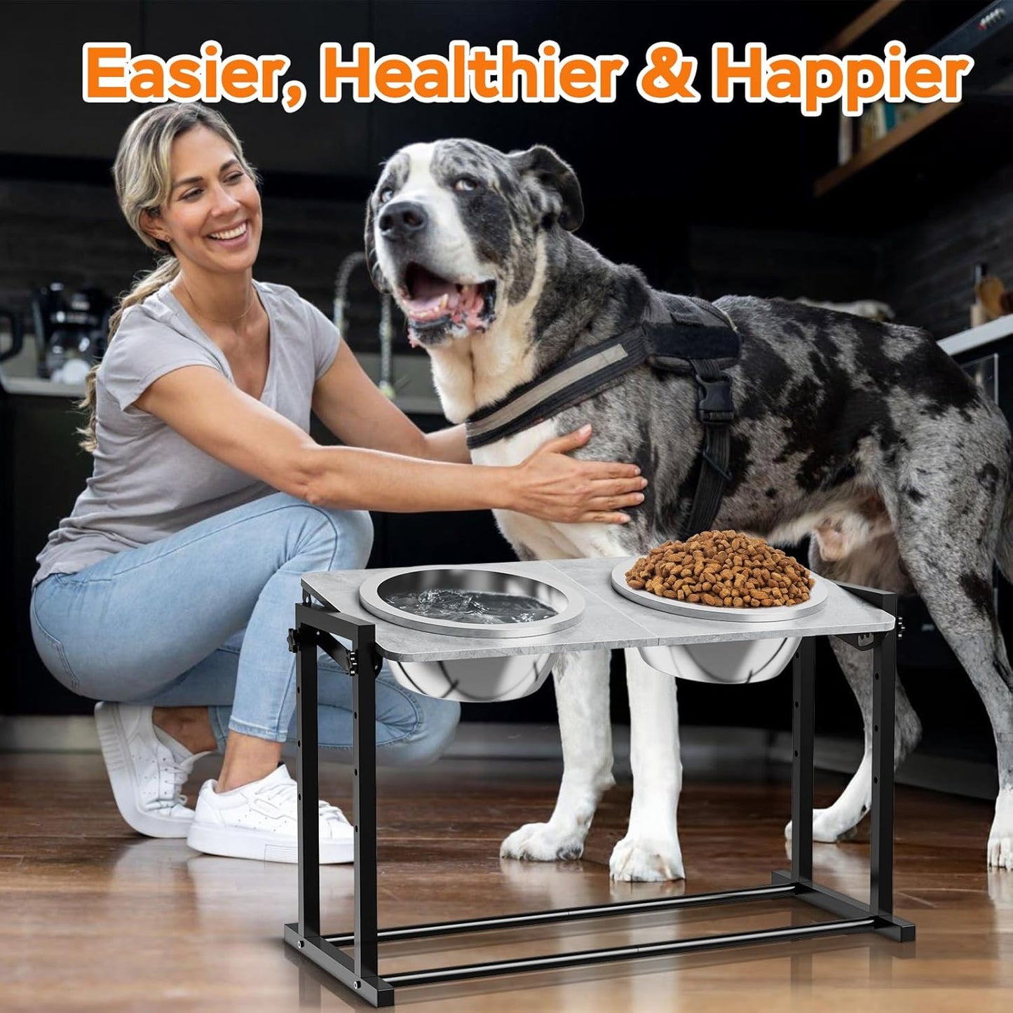 Elevated Dog Bowls for Extra Large Dogs, 4 Height Adjustable Tilted Raised Dog Bowl Stand with 2 Stainless Steel 3L Bowls, 16.1" Tall Dog Feeder for Giant Breed