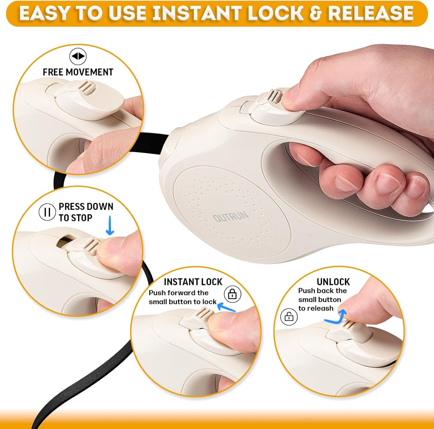 OUTRUN Retractable Dog Leash 16 FT Walking Leash up to 55 lb, Strong Nylon Tape No Tangle, Heavy Duty One-Handed Brake Lock Perfect for Small & Medium Sized Dogs and Pets