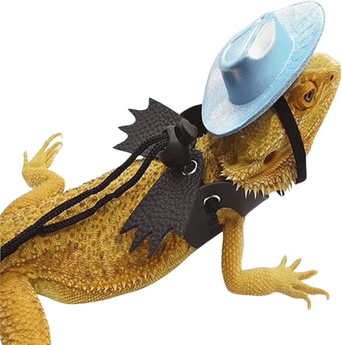 Adjustable Bearded Dragon Leash Harness with Hat Set,3 Size Pack Leather Wings Safty Walking Leash for Bearded Dragon Lizard Reptiles (Blue Hat and Black Harness Set)