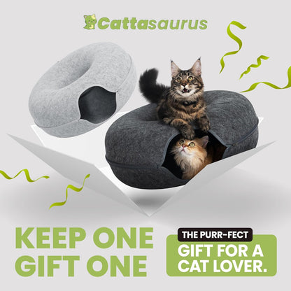 Cattasaurus Peekaboo Cat Cave, Extra Spacious for Multiple & Large Cats 12+ lbs, Scratch Detachable Beds for Indoor Cats, Washable Tunnel Bed, Comfy Cat Donut Tunnel (Light Gray+Dark Gray, Jumbo)