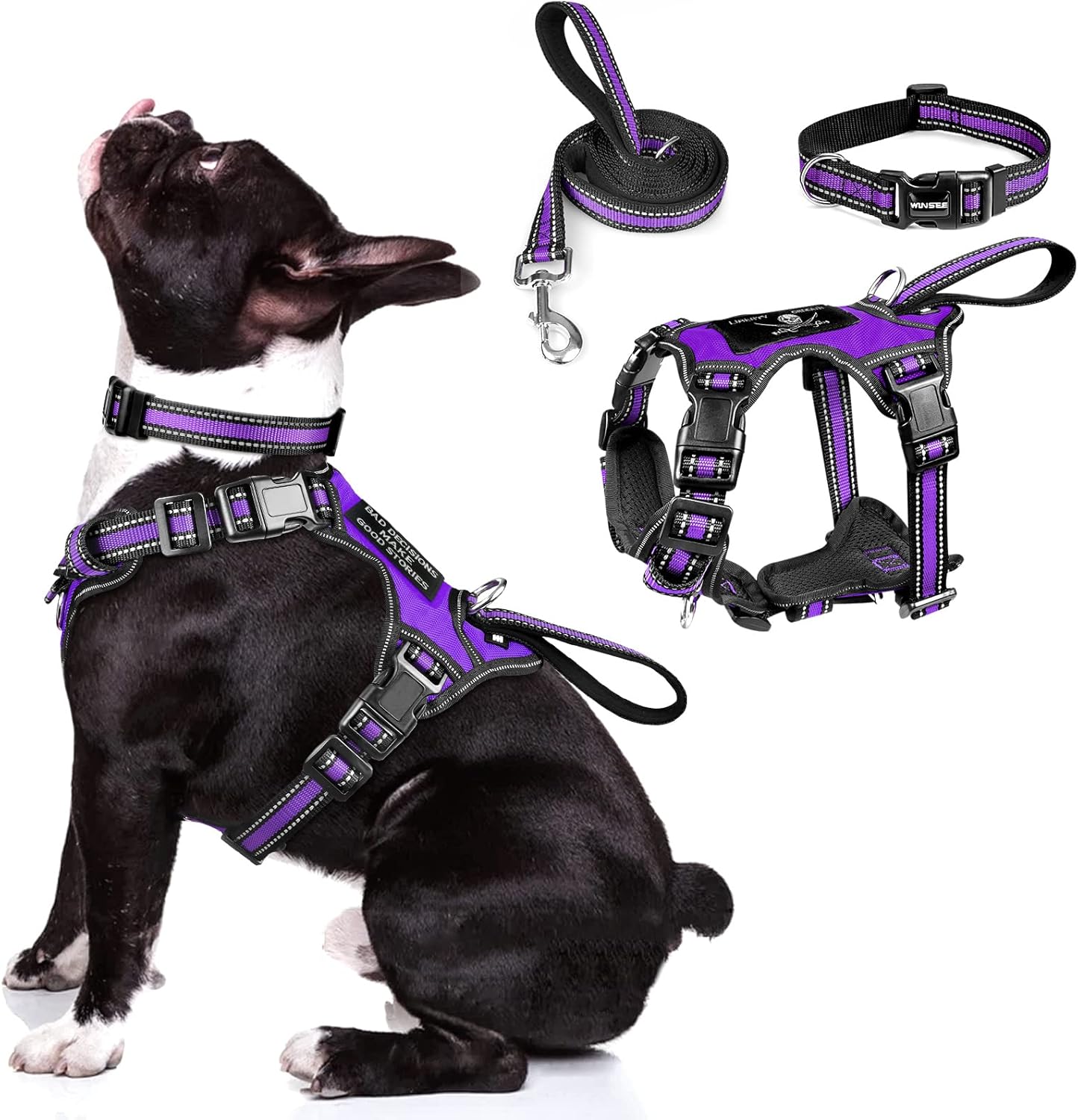 WINSEE Pet Harness Collar and Leash Set, All-in-one Reflective Dog Harness No Pull with Adjustable Buckles for Puppies, Small, Medium, Large, and Extra-Large Dogs (Medium, Purple)