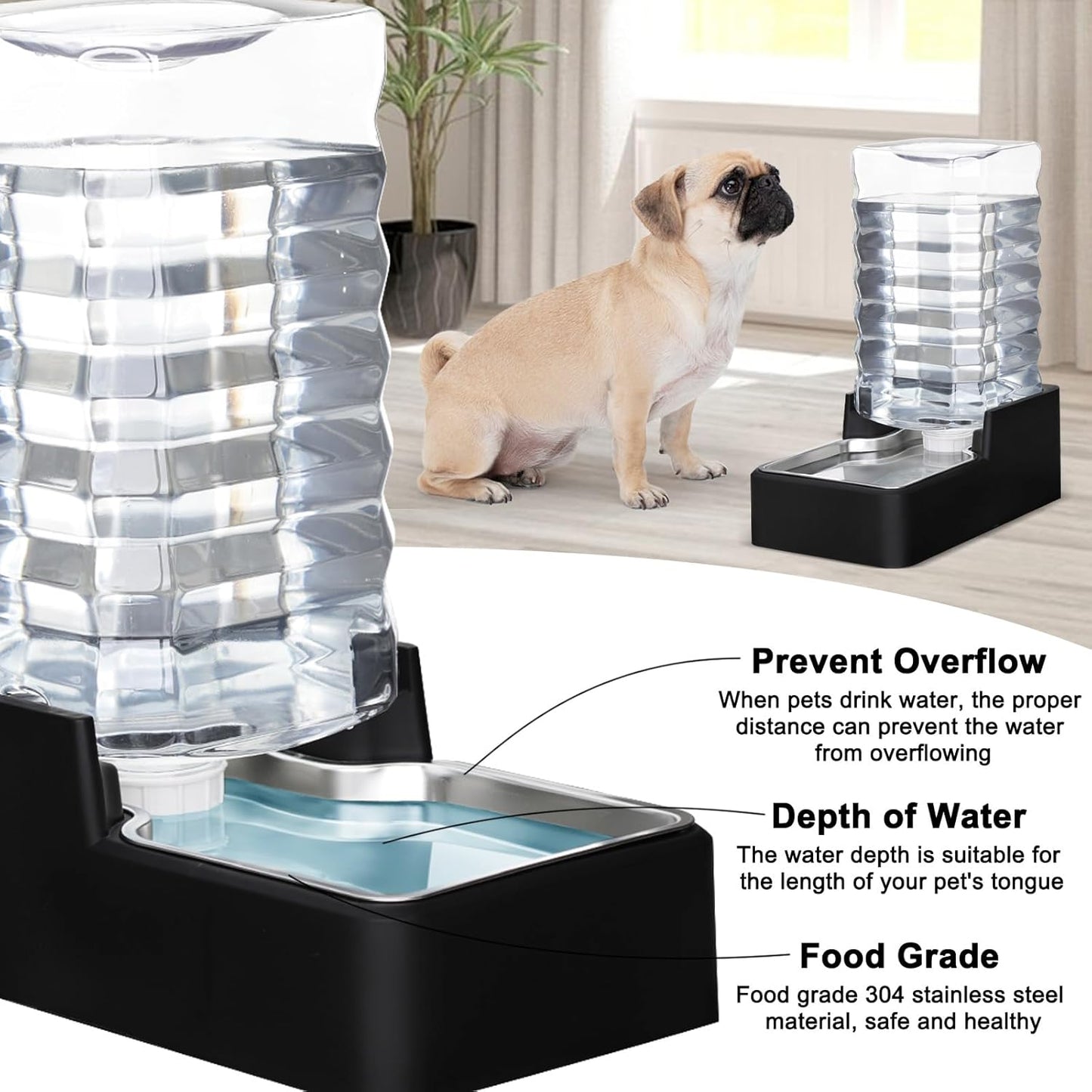 RIZZARI Stainless Steel Pet Water Feeder: 9.5L Black Automatic Leak-Proof Gravity Dispenser - Without Filter - for Senior 40-60 LB Dogs with Joint Spine Issues -Garage Living Room