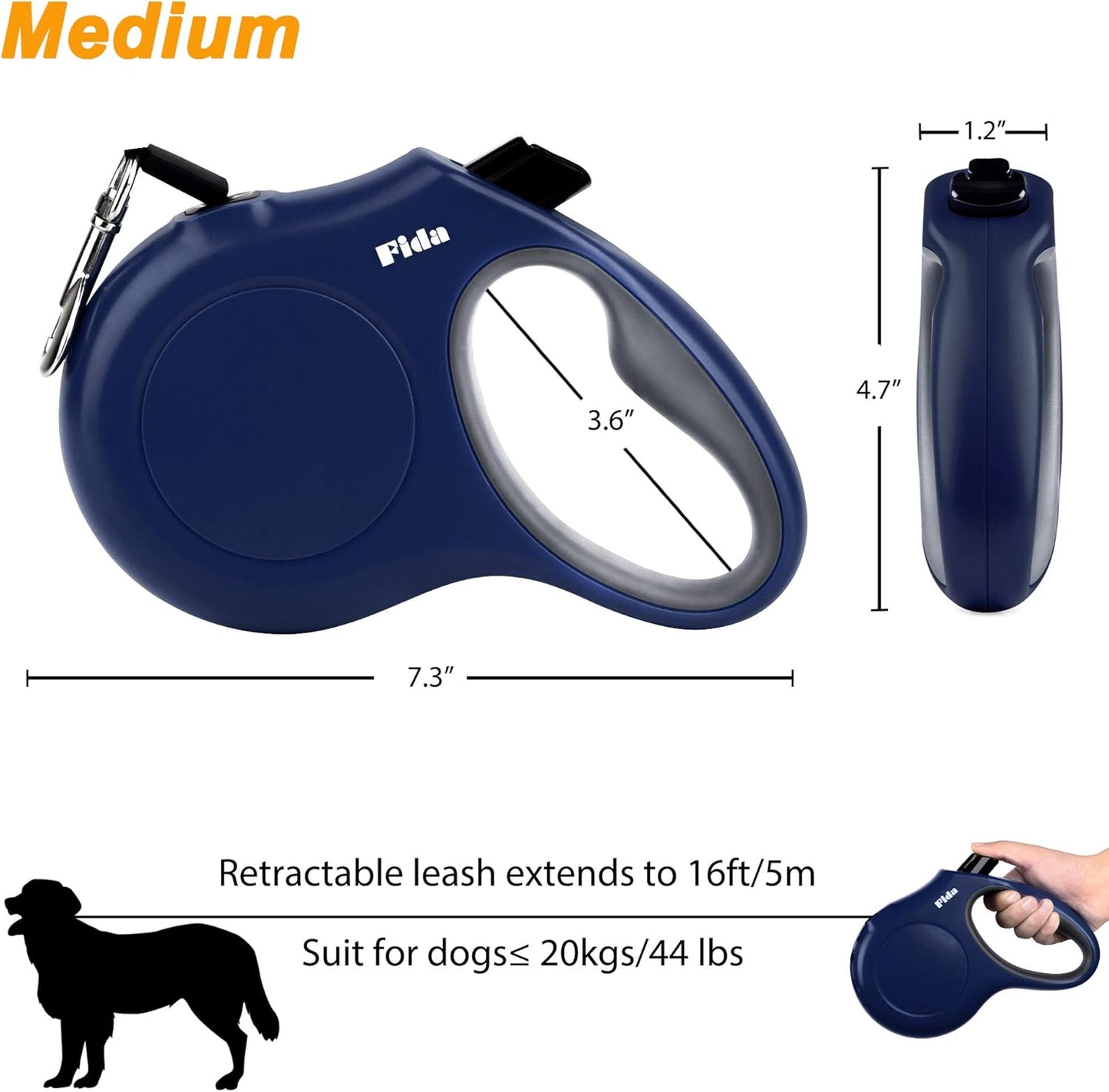 Fida Retractable Dog Leash with Dispenser and Poop Bags, 16 ft Pet Walking Leash for Medium Dog or Cat up to 44 lbs, Anti-Slip Handle, Tangle Free, Reflective Nylon Tape (M, Navy Blue)