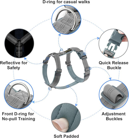 Plutus Pet No Pull Dog Harness, Adjustable Nylon Harness with Soft Padding, Reflective and Heavy Duty Dog Harness for Small, Medium, Large Dogs(Gray, XS)