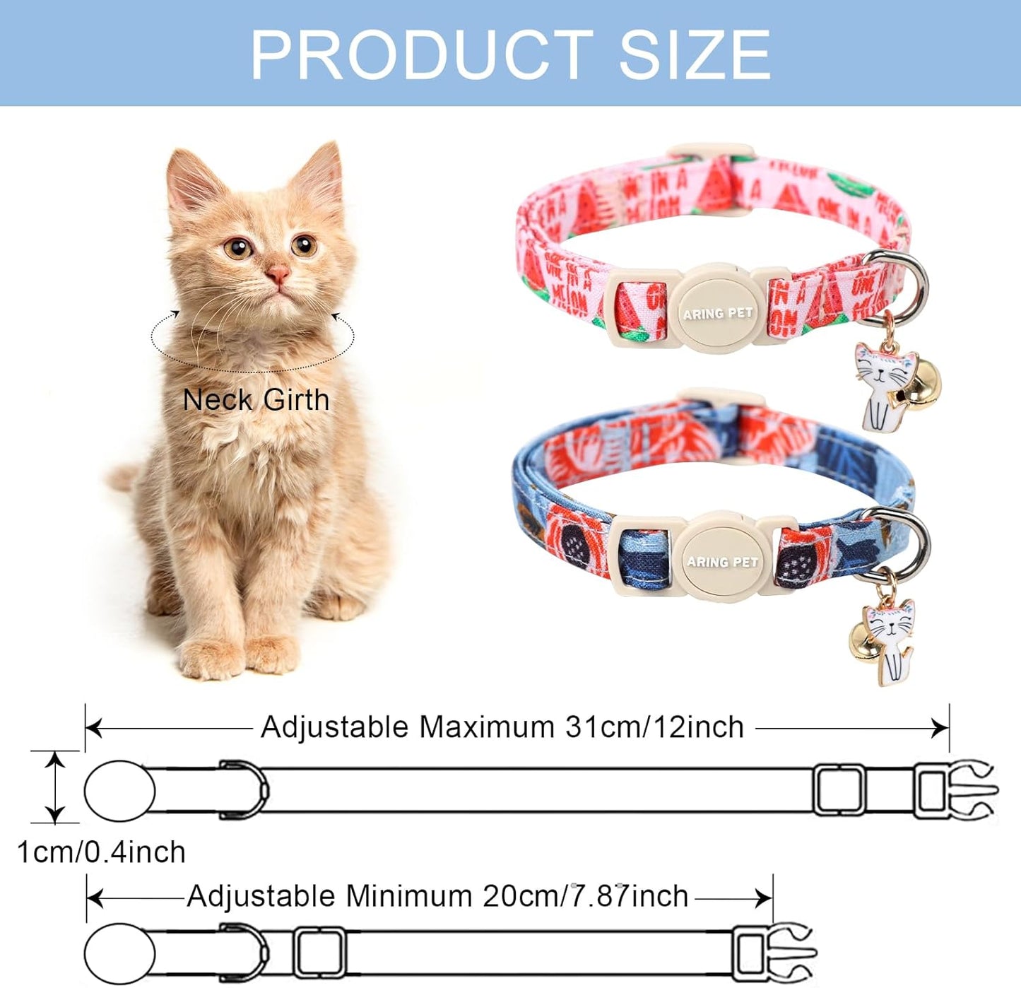 ARING PET 2 Pack Cat Collar-Cute Cotton Cat Collar with Bell & Pendant, Adjustable Summer Kitten Collars with Safety Buckle for Girl Pets