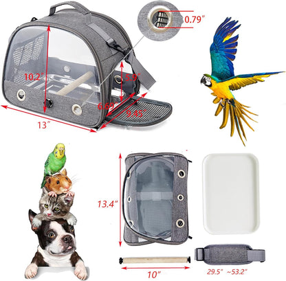 Small Bird Carrier Cage with Standing Perch & Tray Portable & Breathable Pet Travle Transport Carry Bag with Shoulder Strap for Vet Visit & Outdoor Walking (Grey)
