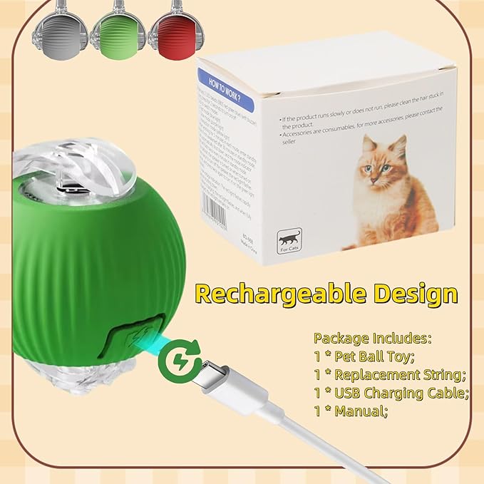 Interactive Dog Cat Toy Ball, Automatic Moving Bouncing Rolling, with Replacement Tail, Pet Smart Chase Ball Rechargeable, Enrichment Toys for Bored Indoor Adult Cats/Dogs (Green)