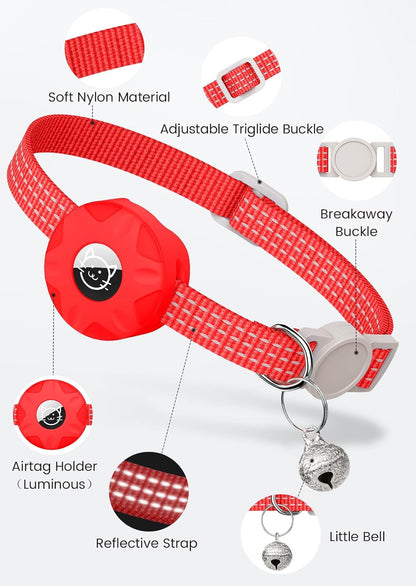 AirTag Cat Collar, Reflective Kitten Collar Breakaway Apple Air Tag GPS with Holder and Bell, Lightweight Tracker Collars for Girl Boy Cats, Kittens Puppies (Red)