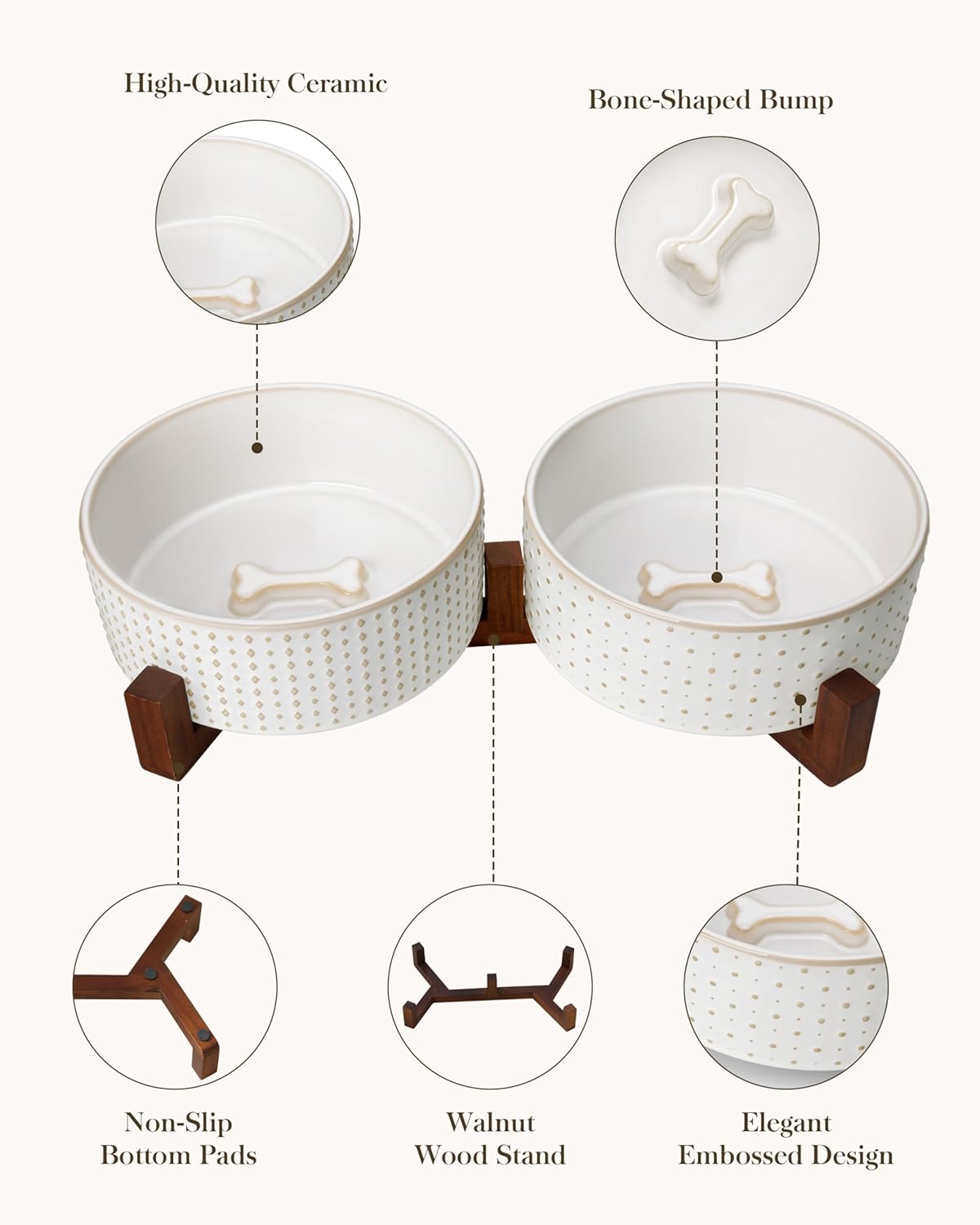 MALACASA Dog Bowl Set with Walnut Wood Stand, 6 Cups Ceramic Pet Bowls for Puppy Dogs, Dual Food and Water Bowls with Weighted Non-Slip Base, Basic Bowls for Your Dog, Rhombic & Polka Dots