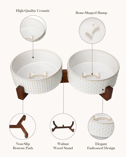MALACASA Dog Bowl Set with Walnut Wood Stand, 6 Cups Ceramic Pet Bowls for Puppy Dogs, Dual Food and Water Bowls with Weighted Non-Slip Base, Basic Bowls for Your Dog, Rhombic & Polka Dots