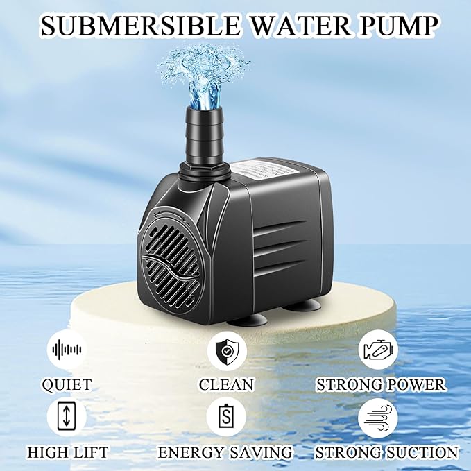 Submersible Pump, Small Fountain Pump with Tubing, Submersible Water Pump for Aquarium Fish Tank Indoor or Outdoor Pond Fountain Hydroponics Statuary (25W 400GPH, No Led Light)