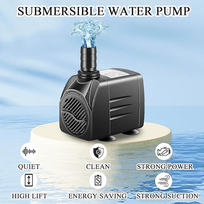 Submersible Pump, Small Fountain Pump with Tubing, Submersible Water Pump for Aquarium Fish Tank Indoor or Outdoor Pond Fountain Hydroponics Statuary (25W 400GPH, No Led Light)