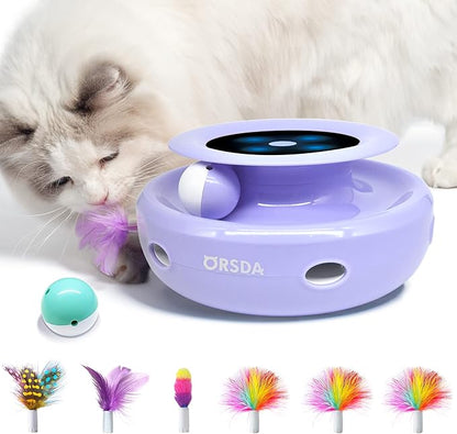 ORSDA Cat Toys, 2-in-1 Interactive Cat Toys for Indoor Cats, Automatic Cat Toy Balls, Mice Toys Ambush Feather Kitten Toys with 7pcs Attachments, Dual Power Supplies, Adjustable Speed, Auto On/Off