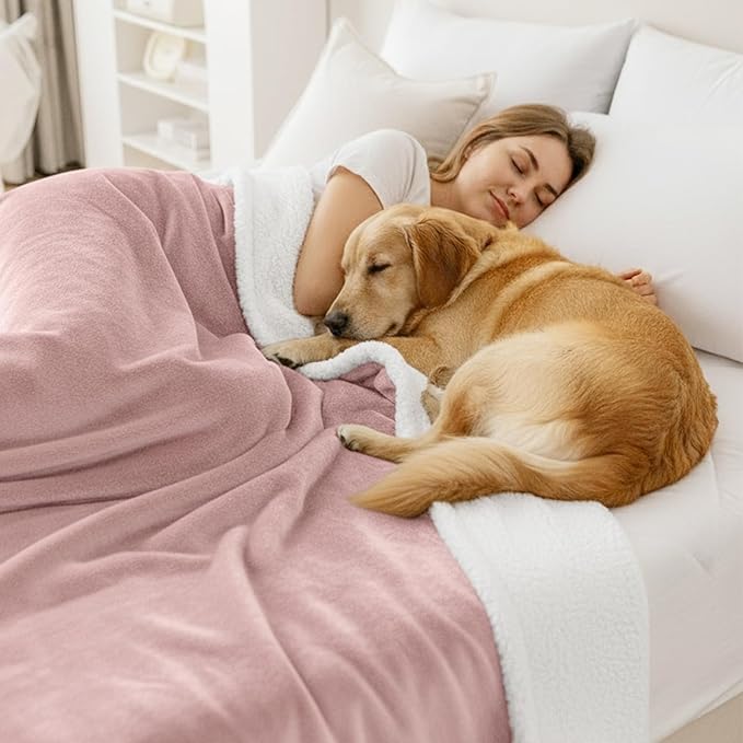 Smiry Waterproof Blanket Throw for Large Dogs, Soft Reversible Dog Blanket for Sofa Couch Bed, Washable Leakproof Sherpa Fleece Furniture Couch Cover Protector(50"x60", Pink/White)