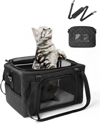 PETUX Small Cat Carrier - Pet Carrier Airline Approved for Kitten Under 10 lb - Escape-Proof, Foldable and Portable Cat Carriers with Removable Bag and Safety Buckle for Travel, Vet Visits - Black