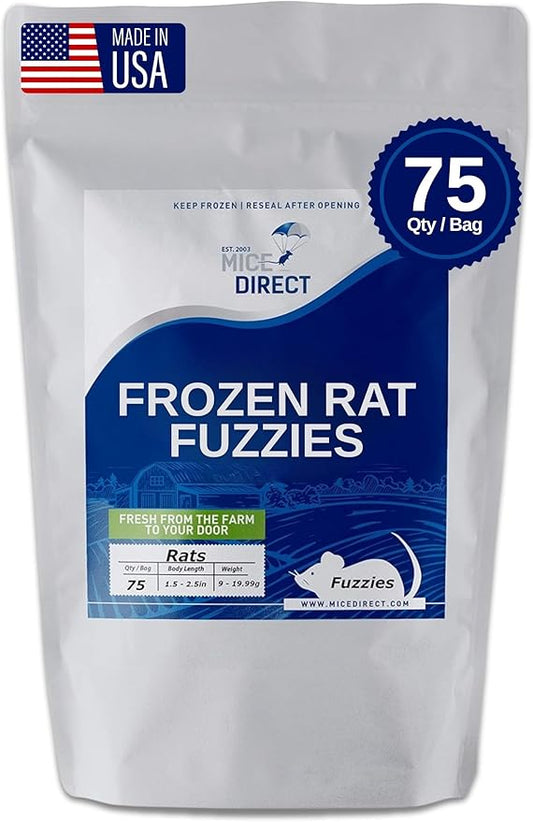 MiceDirect 75 Frozen Rat Fuzzies Feeders Snake Food for Adult Corn Snakes Ball Pythons (2-2.5 in)(75 Count)(675 Grams Min)