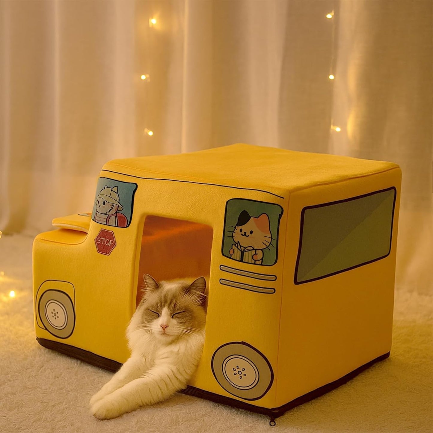 Cute Cat Beds Kitten Beds, Soft Small Dog Beds, Washable Pet Beds for Puppy and Kitty, Funny School Bus Cat Cave, 23 Inches