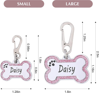 Personalized Stainless Steel Pet ID Tags with Glittery Bone Design - DEEP Engraved Dog Tags Engraved for Pets Customized with 5 Lines Dogs and Cats Pets