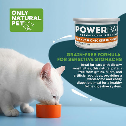 Only Natural Pet PowerPate Grain-Free Turkey & Chicken Dinner Wet Cat Food - High Protein, Healthy Balanced Nutrition for Kittens & Cats of All Life Stages, 2.75 oz Cans, Case of 12 (T)
