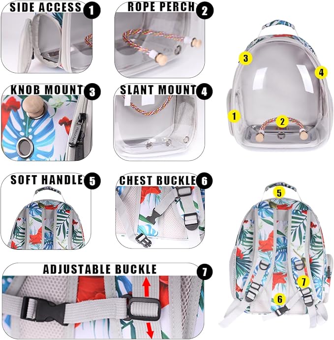 Bird Traval Carrier Cage, Clear Space Capsule Astronaut Backpack to Carry Parakeet Cockatiel Parrot with Metal Tray Wood Perch, Vet Transport Book Bag Floral Printed