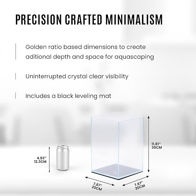 UNS Ultra Clear Rimless Tank - 3.1GAL | 12L - 7.87x7.87x11.81 | 20x20x30 CM, 5mm Glass Thickness, Leveling Mat Included - Low Iron, High Clarity Fish Tank w/ 45° Mitered Edge - [20T]