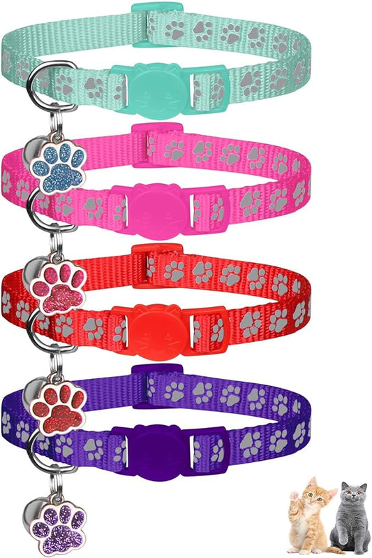 4PCS Breakaway Cat Collars,Reflective Cat Collar with Bells,Kitten Collars for Boy&Girl Cats Breakaway Collar for Cats with Paw Pendant 7.5-12.6 Inch(Purple+Hotpink+Red+Teal)