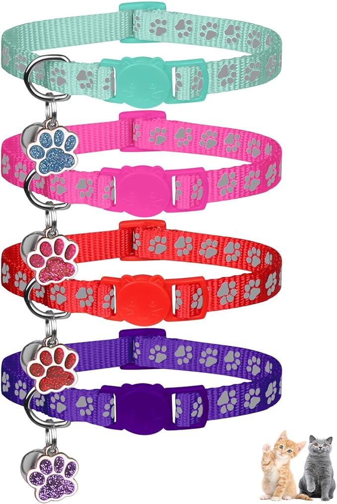 4PCS Breakaway Cat Collars,Reflective Cat Collar with Bells,Kitten Collars for Boy&Girl Cats Breakaway Collar for Cats with Paw Pendant 6-9 Inch(Purple+Hotpink+Red+Teal)