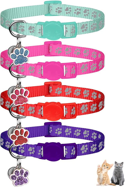 4PCS Breakaway Cat Collars,Reflective Cat Collar with Bells,Kitten Collars for Boy&Girl Cats Breakaway Collar for Cats with Paw Pendant 6-9 Inch(Purple+Hotpink+Red+Teal)