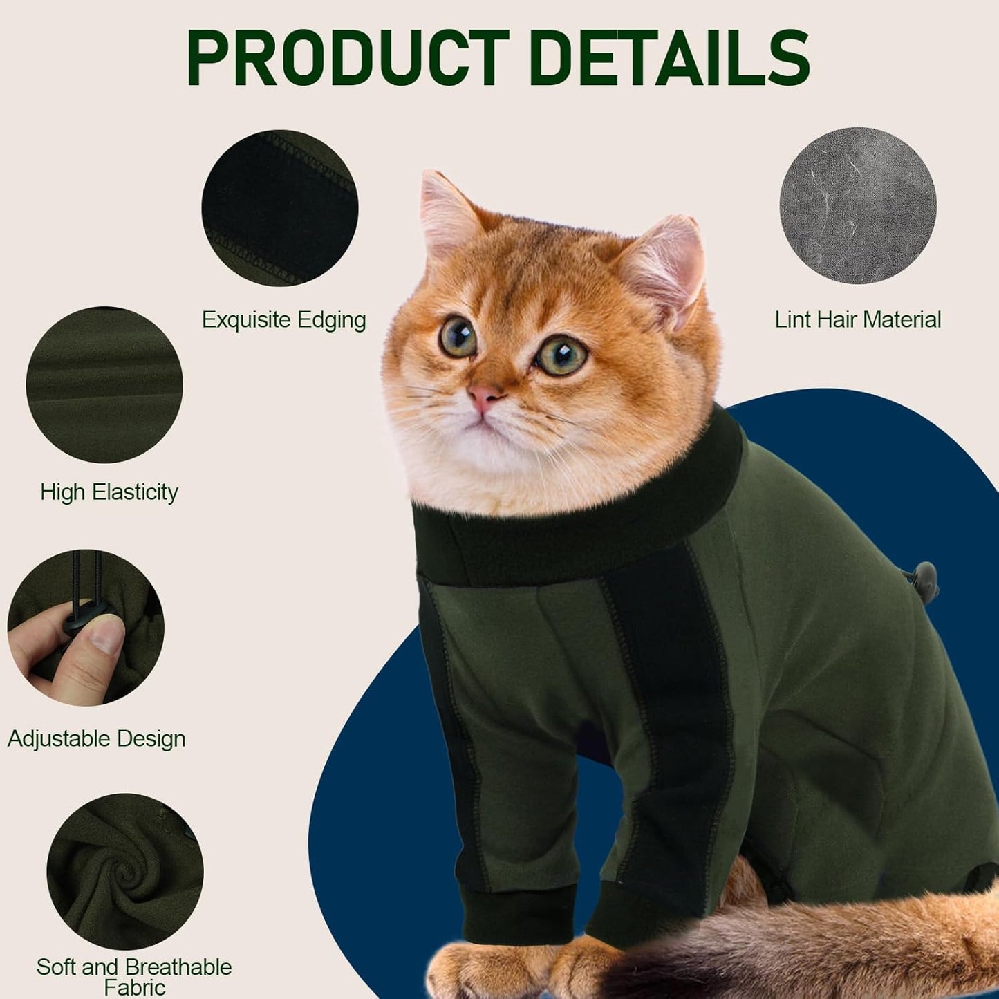 Cat Pajamas for Cats Only, Sticky Hair Cat Clothes, Long Sleeve Sphynx Clothes, Anti-Licking or Skin Disease Recovery Suit for Female Cats, Kitten Onesie Pajamas, ArmyGreen, XL