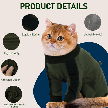 Cat Pajamas for Cats Only, Sticky Hair Cat Clothes, Long Sleeve Sphynx Clothes, Anti-Licking or Skin Disease Recovery Suit for Female Cats, Kitten Onesie Pajamas, ArmyGreen, XL