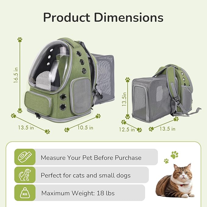 Cat Backpack Carrier for Large Cats, Expandable Cat Bubble Backpack, Dog Carriers for Small Medium Dogs, Airline Approved Pet Carrier for Travel Hiking Outdoor(Green)
