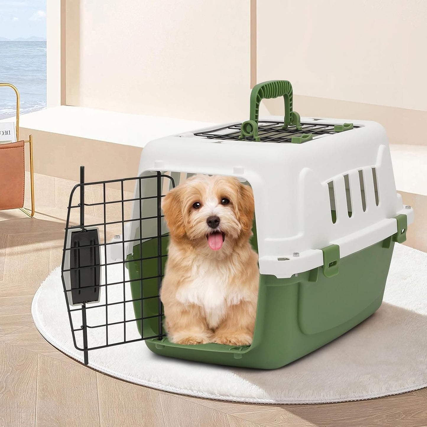 MoNiBloom 18-Inch 2-Door Top Loading Cat Carrier, Plastic Dog Crate Hard-Sided Dog Travel Carrier for Small Dogs and Cats, Ventilation and Security Lock Design for Pets up to 10 lbs (Green)