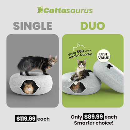 Cattasaurus Peekaboo Cat Cave, Extra Spacious for Multiple & Large Cats 12+ lbs, Scratch Detachable Beds for Indoor Cats, Washable Tunnel Bed, Comfy Cat Donut Tunnel (Light Gray+Light Gray, Jumbo)