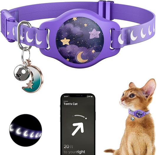 Cat Collar with Airtag Holder, Breakaway Airtag Cat Collar for Apple Air Tag with Luminous & Reflective Pattern, Waterproof GPS Cat Tracker Collars for Boy Girl Cats Kittens with Bell, Purple (8-12")